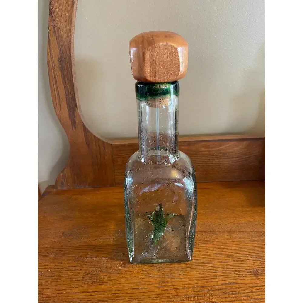 Casta Green Hand Blown Tequilla Bottle w/ Glass Agave Inside & Wood / Cork Top